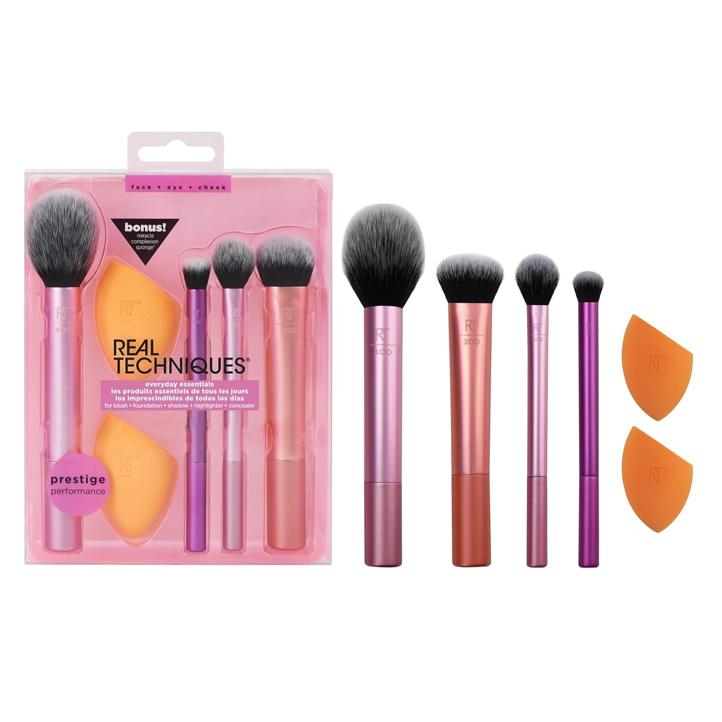 5 Piece Everyday Essentials Makeup Brush Set, Includes 4 Brushes & Makeup Sponge, for Foundation, Blush, Bronzer, Contour, Eyeshadow, & Powder, Travel Gift Set, Cruelty-Free & Vegan
