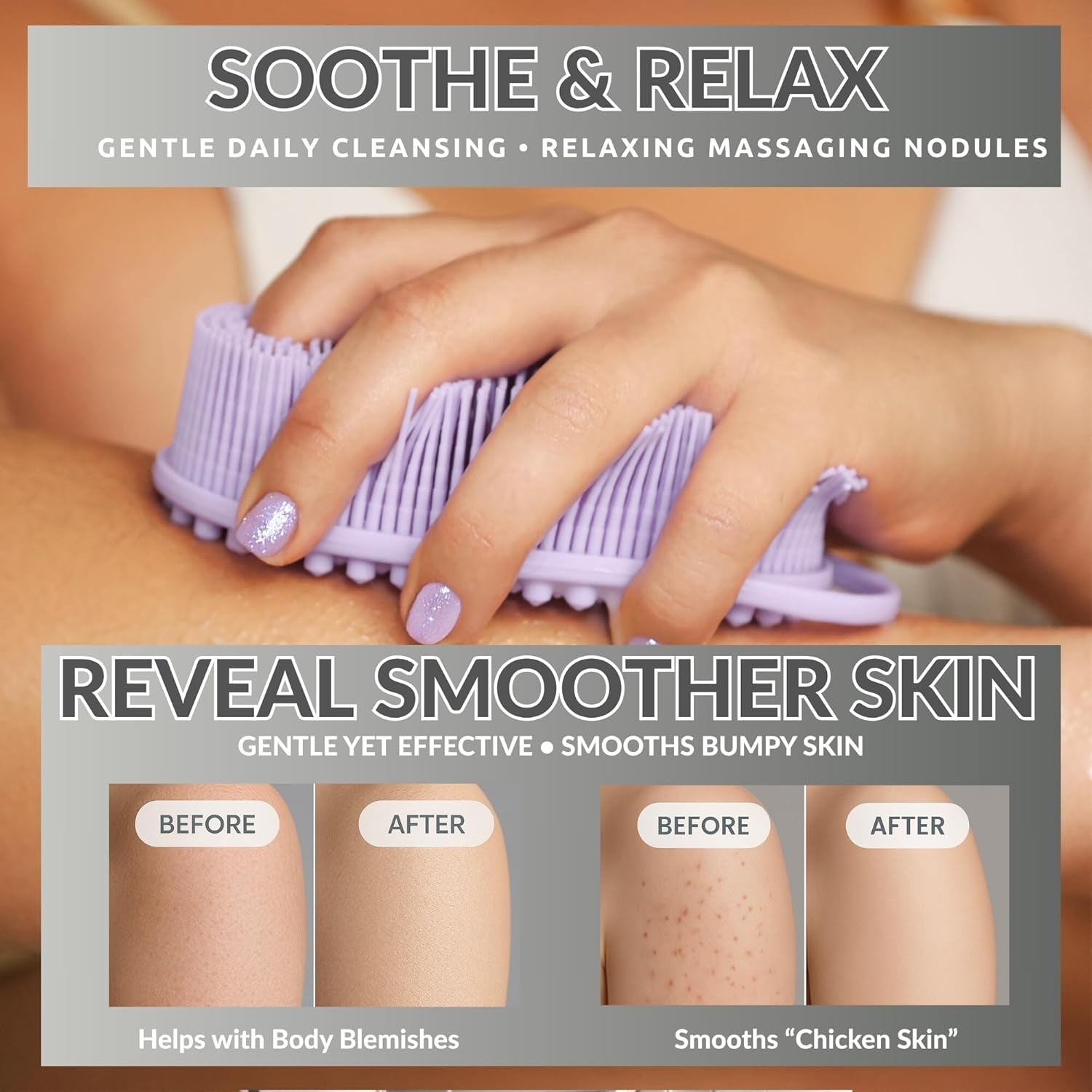 Silicone Body Scrubber for Shower - Gentle Exfoliating Back Scrubber with Soft Bristles -  Premium Dual Sided Bath Brush Massage - Loofah Alternative for Sensitive Skin - Gift Women Men