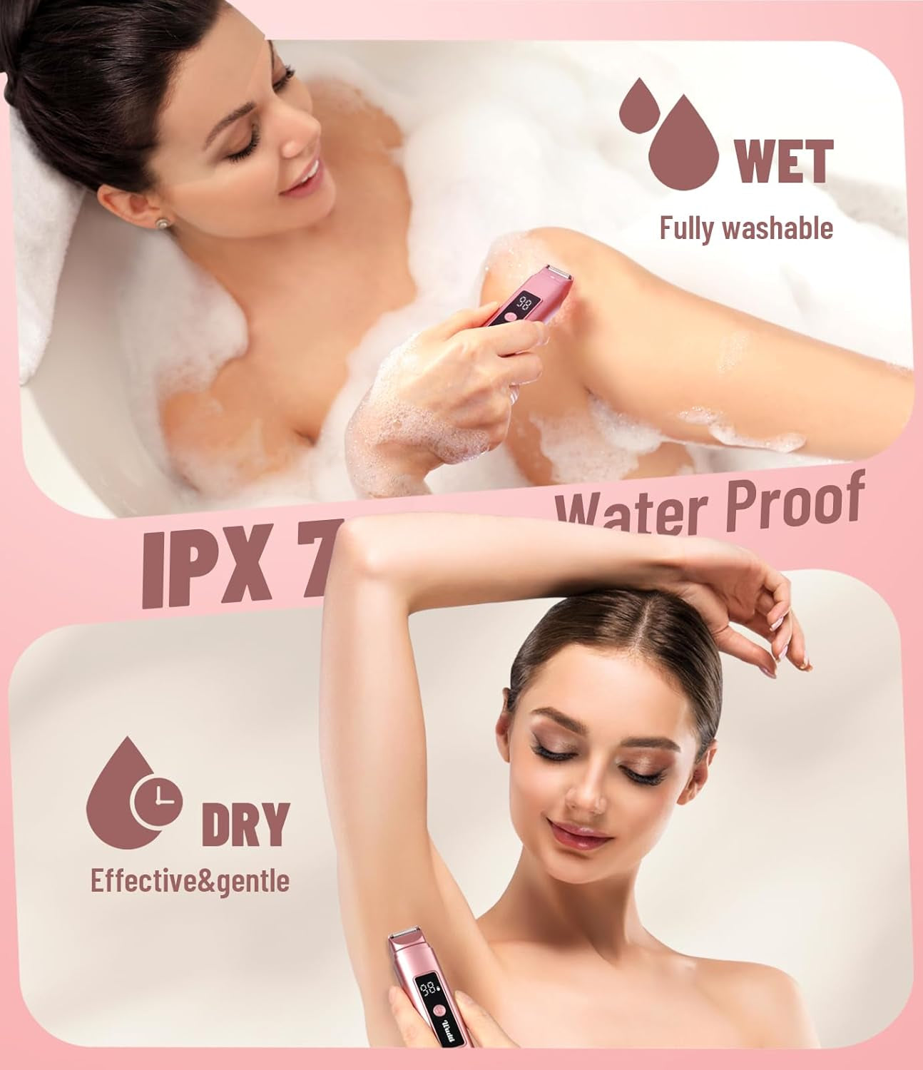 Electric Bikini Trimmer for Women: Razor & Shaver with Dual Heads for Body Pubic Hair, IPX7 Waterproof with LED Display - Rechargeable Lady Trimmer for Underarm Body Leg Face-Coral Pink