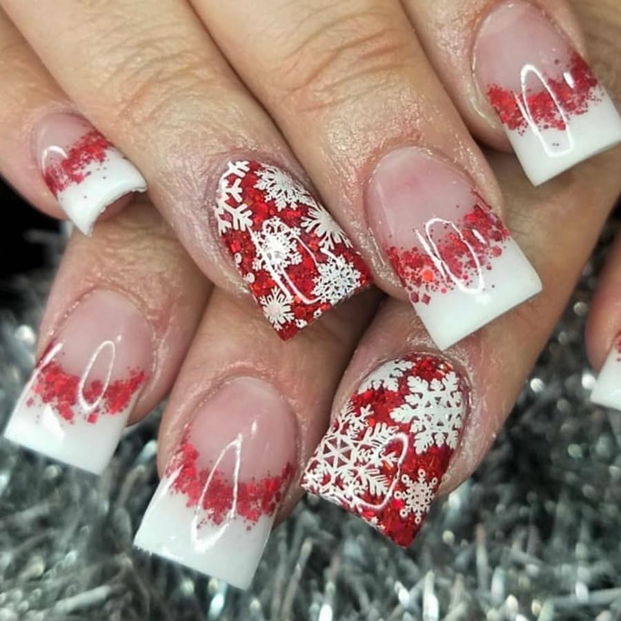 24Pcs Christmas Press on Nails Short Square Fake Nails Red White Snowflake Rhinestones Design Xmas Glue on Nails Glitter French Tip False Nails Winter Acrylic Nails Pink Christmas Artificial Nails Kit
