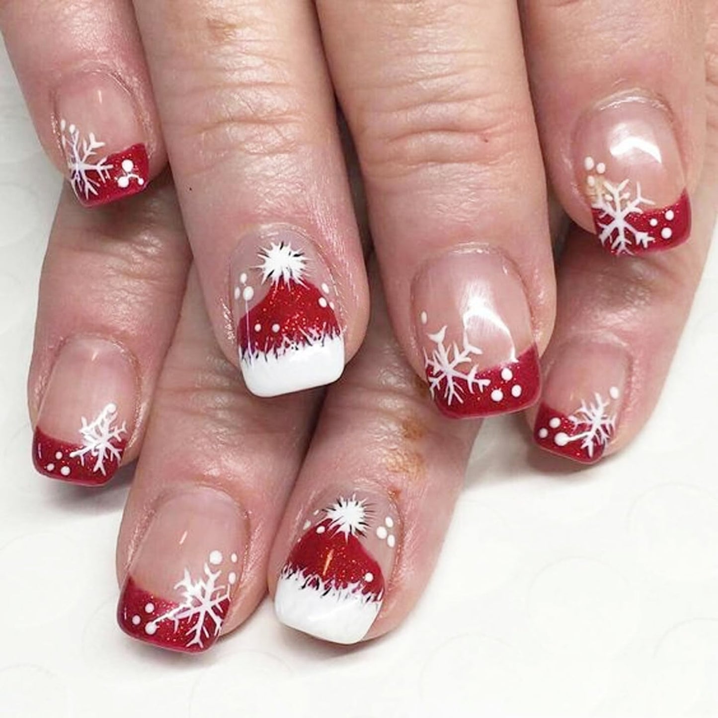 24Pcs Christmas Press on Nails Short Square Fake Nails Red White Snowflake Rhinestones Design Xmas Glue on Nails Glitter French Tip False Nails Winter Acrylic Nails Pink Christmas Artificial Nails Kit