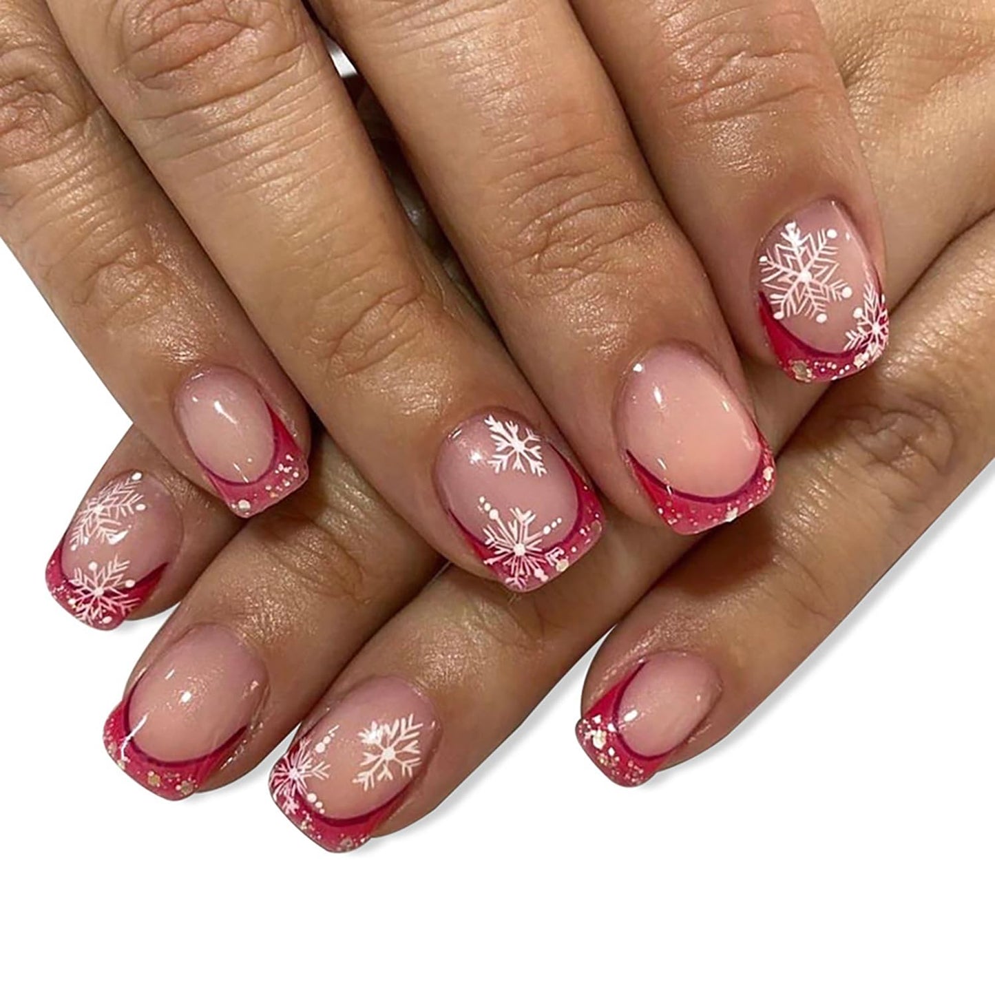 24Pcs Christmas Press on Nails Short Square Fake Nails Red White Snowflake Rhinestones Design Xmas Glue on Nails Glitter French Tip False Nails Winter Acrylic Nails Pink Christmas Artificial Nails Kit