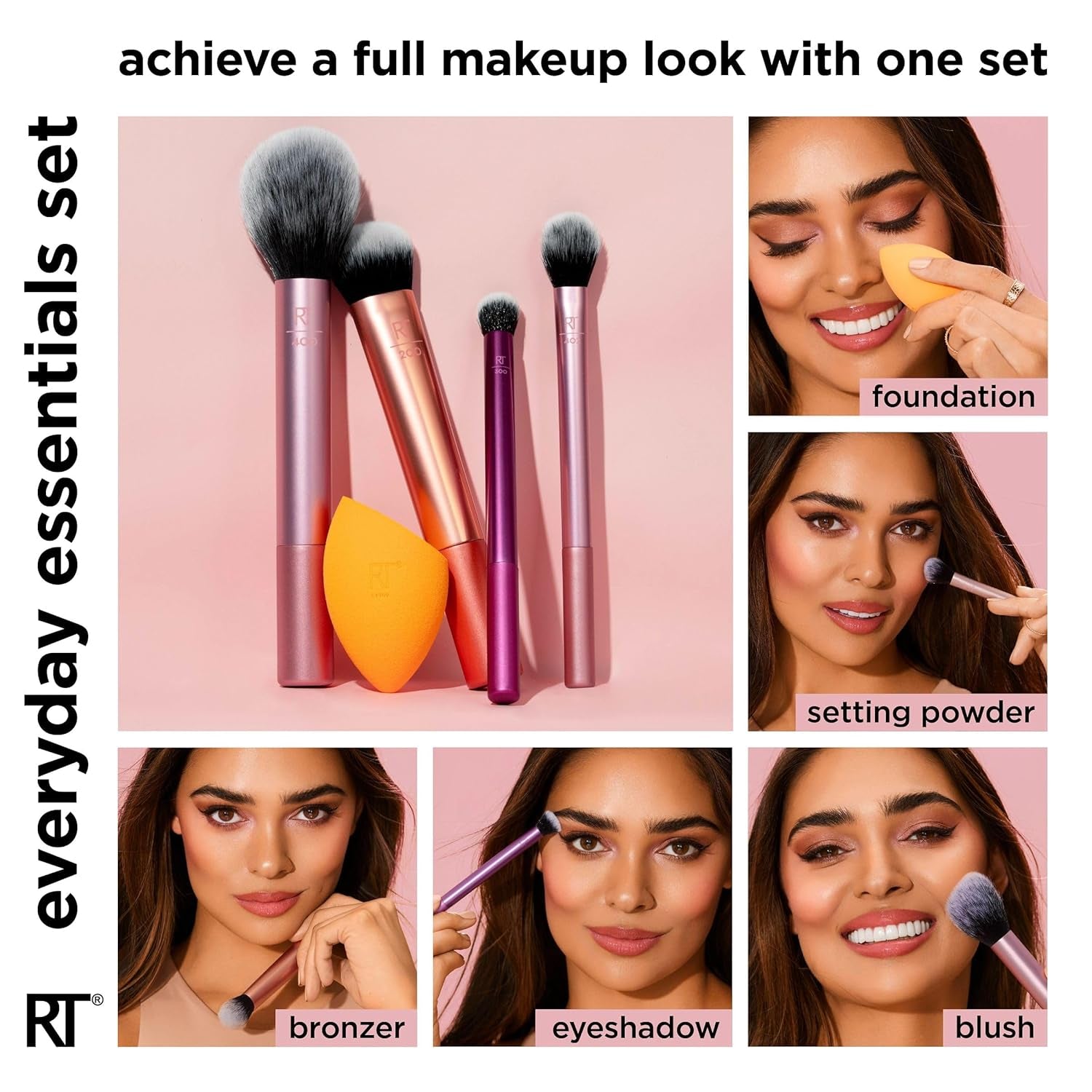 5 Piece Everyday Essentials Makeup Brush Set, Includes 4 Brushes & Makeup Sponge, for Foundation, Blush, Bronzer, Contour, Eyeshadow, & Powder, Travel Gift Set, Cruelty-Free & Vegan