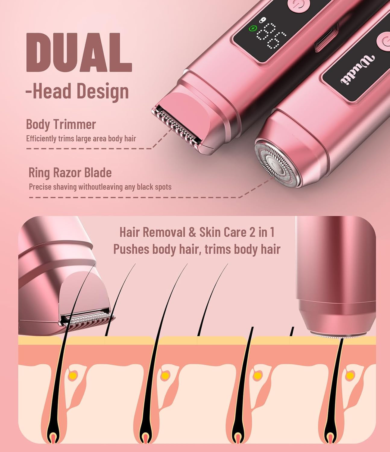 Electric Bikini Trimmer for Women: Razor & Shaver with Dual Heads for Body Pubic Hair, IPX7 Waterproof with LED Display - Rechargeable Lady Trimmer for Underarm Body Leg Face-Coral Pink
