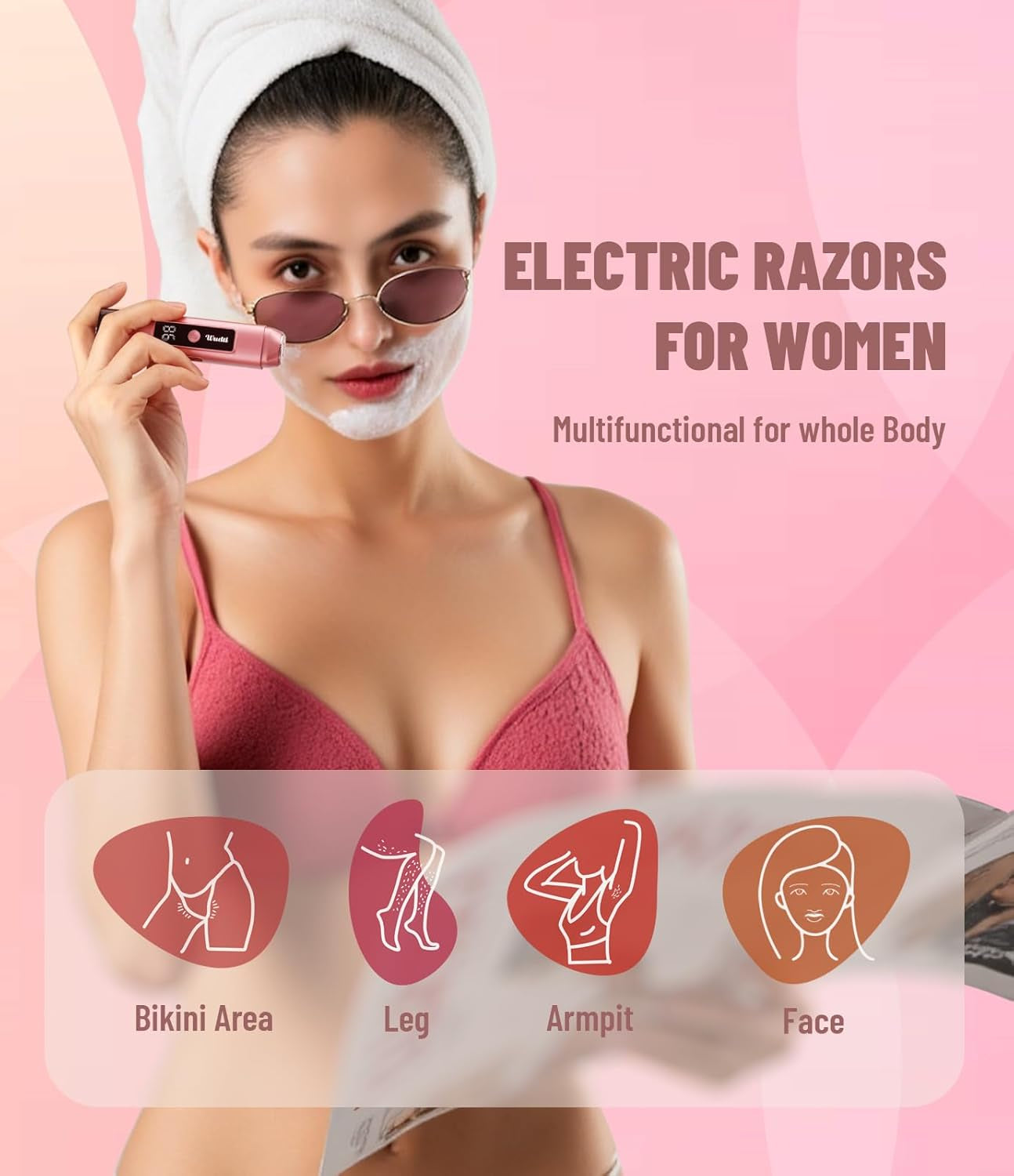 Electric Bikini Trimmer for Women: Razor & Shaver with Dual Heads for Body Pubic Hair, IPX7 Waterproof with LED Display - Rechargeable Lady Trimmer for Underarm Body Leg Face-Coral Pink